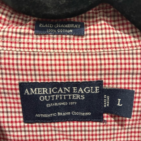 American Eagle Mens Chambray Shirt Red Brown Plaid Long Sleeve Button Down L - Picture 2 of 4